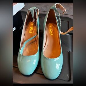 FSJ Turquoise Retro Ankle Strap Mid Heels Dress Pump Almond Toe Shoes